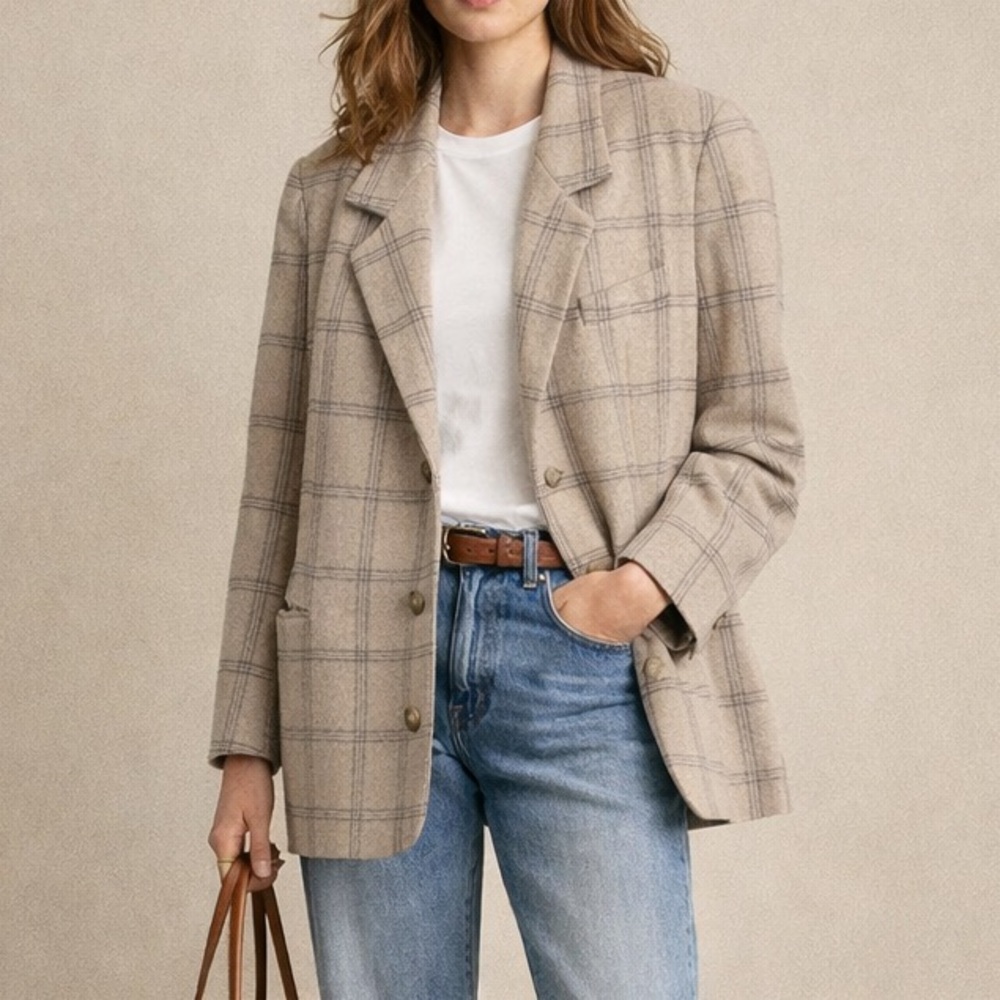 Lands' End Taupe Plaid Wool-Blend Blazer